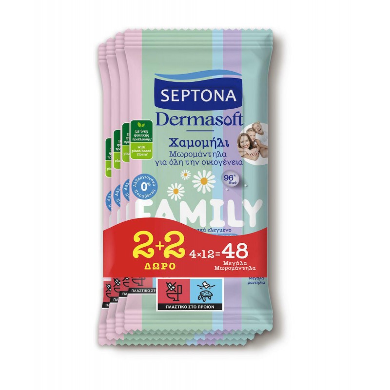 SEPTONA Wipes Dermasoft Family 2+2 (4x12τμχ)