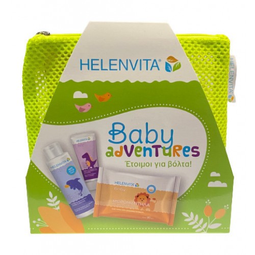 HELENVITA Baby Adventures Baby All Over Cleanser 100ml & Baby Nappy Rash Cream 20ml & Baby Wipes 20 τμχ & Πράσινο Νεσεσέρ