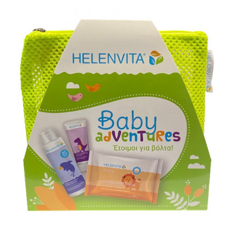 HELENVITA Baby Adventures Baby All Over Cleanser 100ml & Baby Nappy Rash Cream 20ml & Baby Wipes 20 τμχ & Πράσινο Νεσεσέρ
