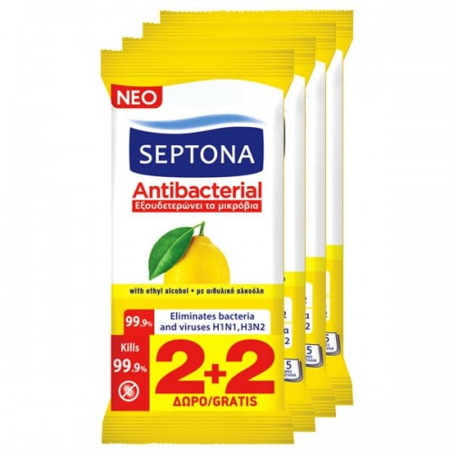 Septona Promo (2+2 Δώρο) Antibacterial Hand Wipes Lemon Αντιβακτηριδιακά Μαντηλάκια Χεριών Λεμόνι, 4x15τεμ