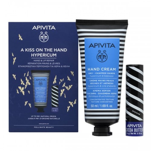 Apivita A Kiss On The Hand Hypericum Promo Hand Cream Κρέμα Χεριών για Ξηρά-Σκασμένα Χέρια, 50ml & Lip Care Cocoa Butter SPF20 Ενυδατικό Χειλιών, 4.4g, 1σετ