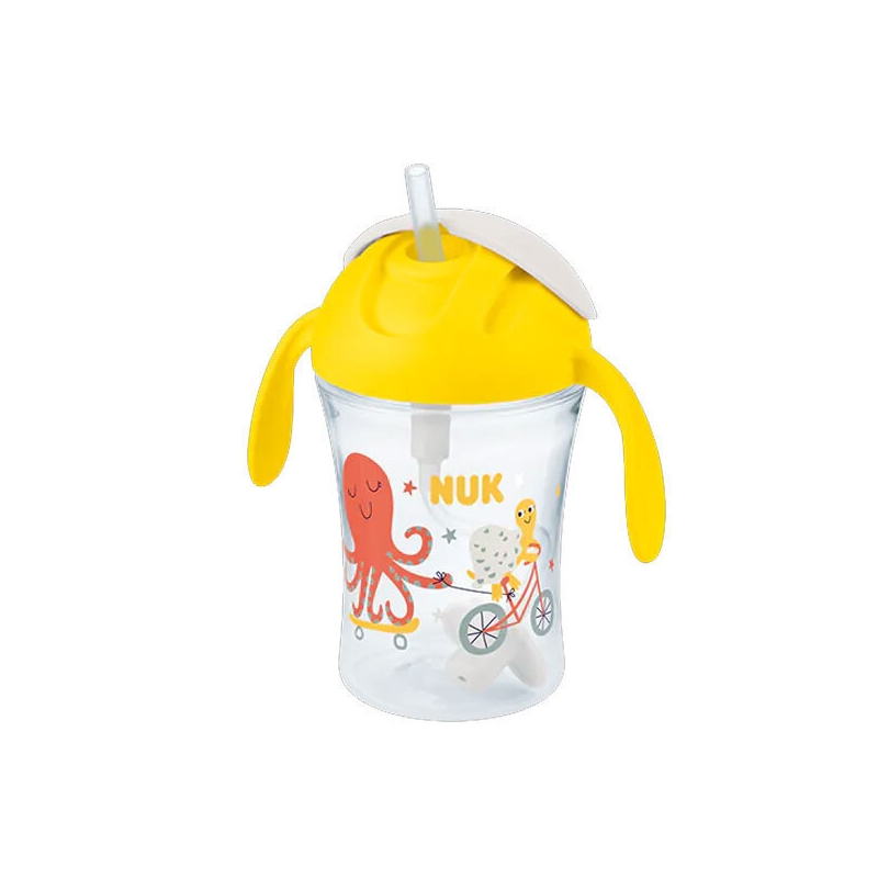 NUK Παιδικό Ποτηράκι Πλαστικό με Λαβές και Καλαμάκι "Motion Cup" Κίτρινο 230ml για 8m+