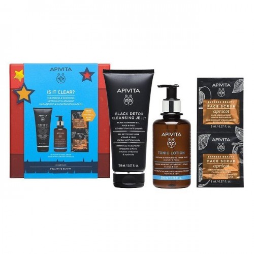 APIVITA Is It Clear Black Detox Cleansing Jelly 150ml & Cleansing Tonic Lotion 200ml & Express Beauty Face Scrub Apricot 2x8 ml