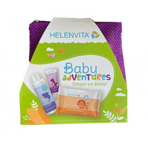 HELENVITA Baby Adventures Baby All Over Cleanser 100ml & Baby Nappy Rash Cream 20ml & Baby Wipes 20 τμχ & Μωβ Νεσεσέρ